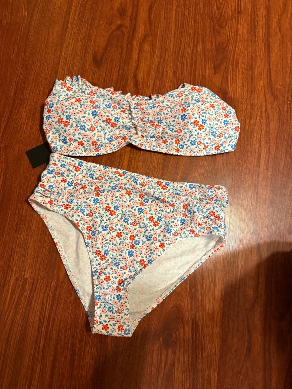 Floral Bandeau High-Waist Bikini Set - White with Red & Blue Flowers